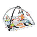 Fisher Price 3-in-1 Music, Glow and Grow Gym Play Mat featuring colorful animal graphics, hanging toys, and a soft padded surface.