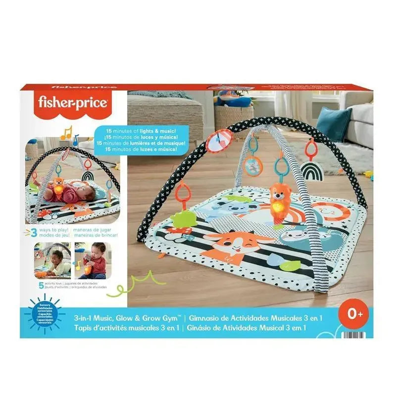 3-in-1 Music, Glow and Grow Gym Play Mat featuring colorful animal designs, light and music functions, and detachable toys.