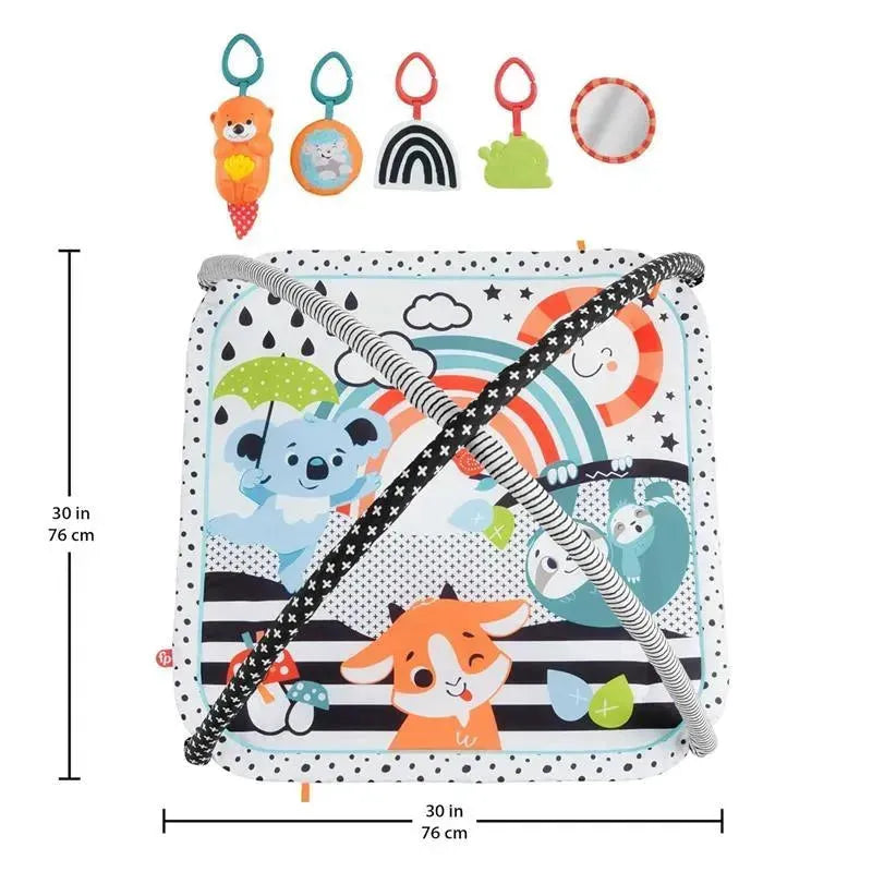 Fisher Price 3-in-1 Music, Glow and Grow Gym Play Mat featuring colorful animal designs, attached toys, and a soft play surface.