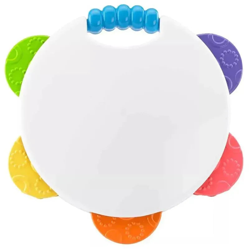 Fisher Price 3 Piece Tambourine and Maracas set featuring a white tambourine with colorful, textured edges.