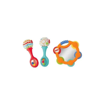 Fisher Price 3-piece toy set including colorful maracas and a tambourine designed for infant musical play.