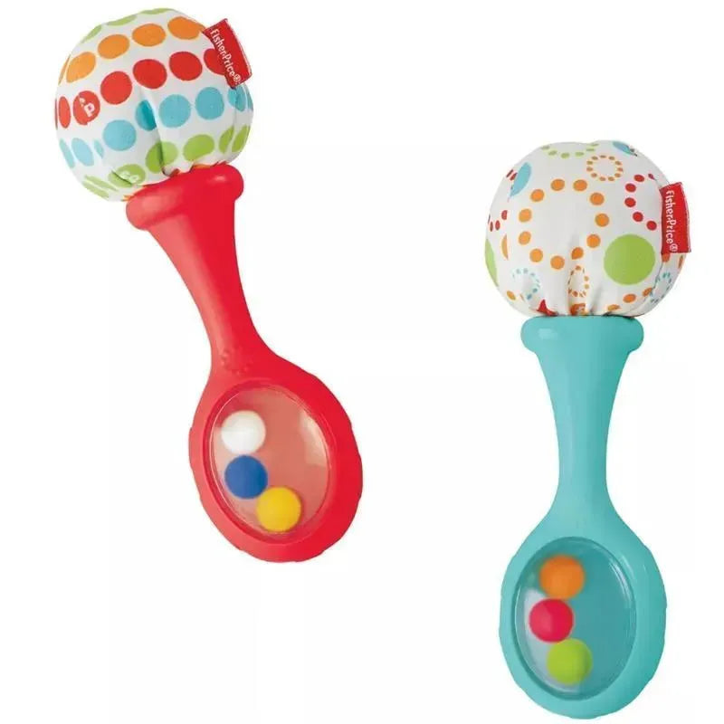 Colorful Fisher Price 3-piece tambourine and maracas gift set featuring red and turquoise handles with patterned tops.