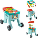 Fisher Price Laugh & Learn 4-in-1 Snack Cart Walker in teal, featuring a play food set, removable top, and large wheels for toddler fun.