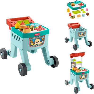 Fisher Price Laugh & Learn 4-in-1 Snack Cart Walker in teal, featuring a play food set, removable top, and large wheels for toddler fun.