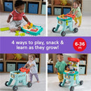 Fisher Price Laugh & Learn 4-in-1 Snack Cart Walker with 14 pieces, featuring colorful toys for toddlers, suitable for ages 6-36 months.