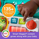 Fisher Price Laugh & Learn Snack Cart Walker featuring colorful buttons, a hand pressing a function, and educational text overlay.