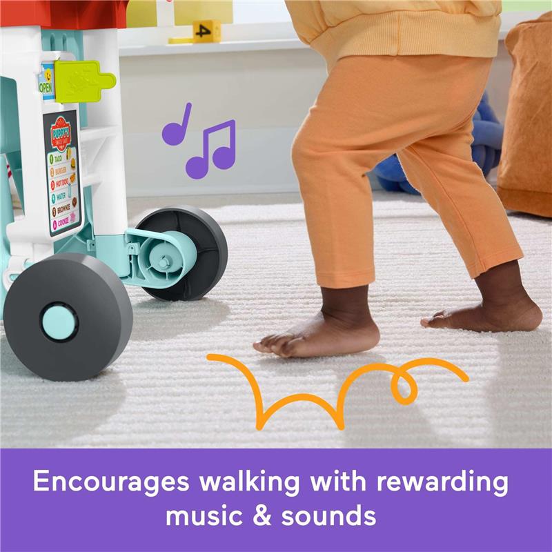 Fisher Price 4-in-1 Snack Cart Walker with gray wheels and toddler using it; encourages walking with music and sounds.