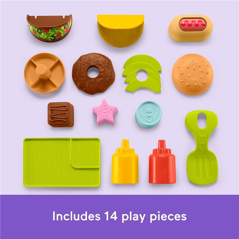 Fisher Price 4-in-1 Snack Cart Walker includes 14 colorful play food pieces like a donut, hot dog, and burger.
