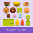 Fisher Price 4-in-1 Snack Cart Walker includes 14 colorful play food pieces like a donut, hot dog, and burger.