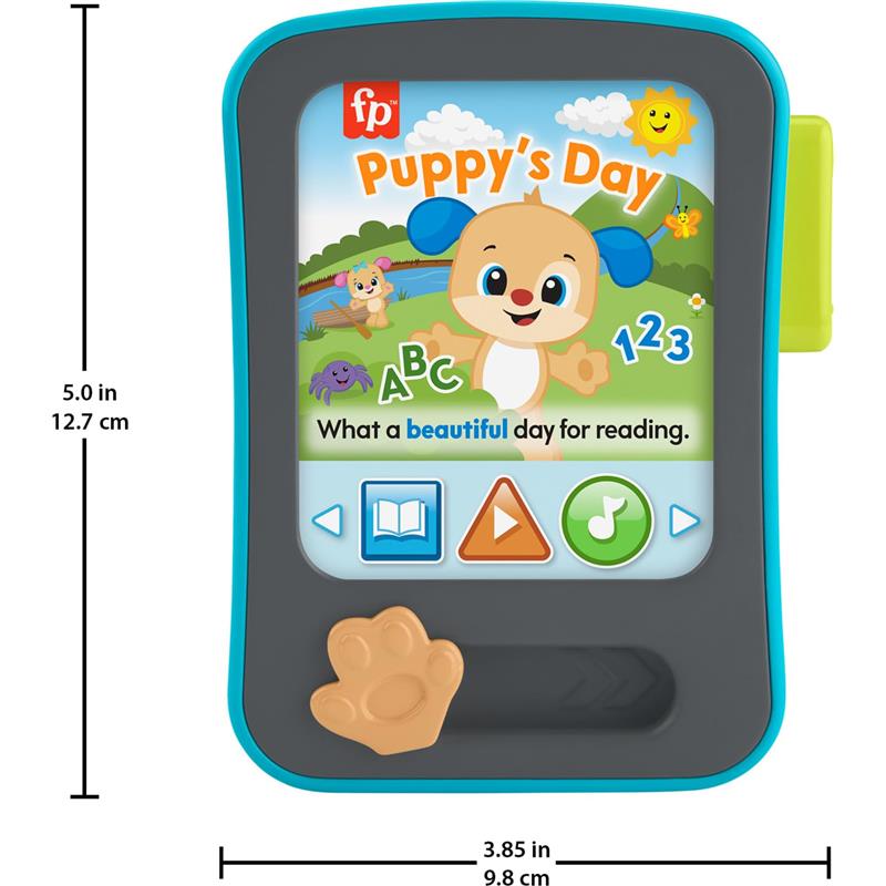 Fisher Price Puppy’s Storytime Reader, a colorful pretend tablet featuring playful graphics, buttons, and a friendly puppy character.