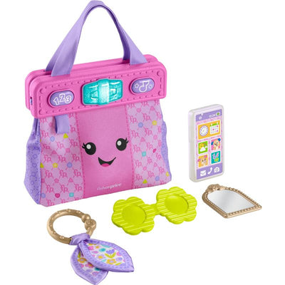 Fisher Price Baby Learning Toy Laugh & Learn Purse in pink and purple with accessories: phone, mirror, sunglasses, and key.
