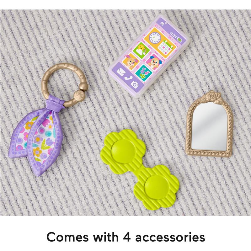 Fisher Price Laugh & Learn Purse with four colorful accessories: a phone, mirror, flower rattle, and scarf.