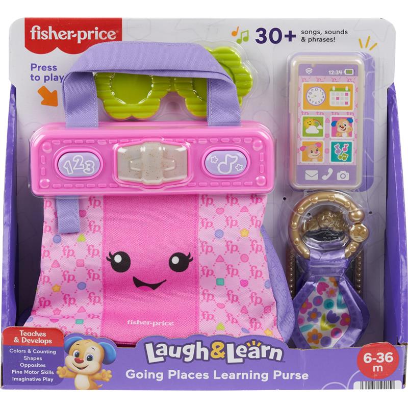 Fisher Price Laugh & Learn Baby Purse, featuring a pink purse, toy phone, glasses, and educational buttons for sounds.