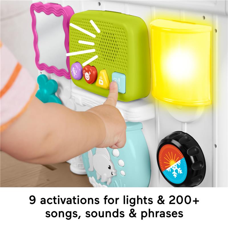 Child activates a colorful learning toy featuring buttons and lights, with text highlighting 9 activations for lights and 200+ sounds.