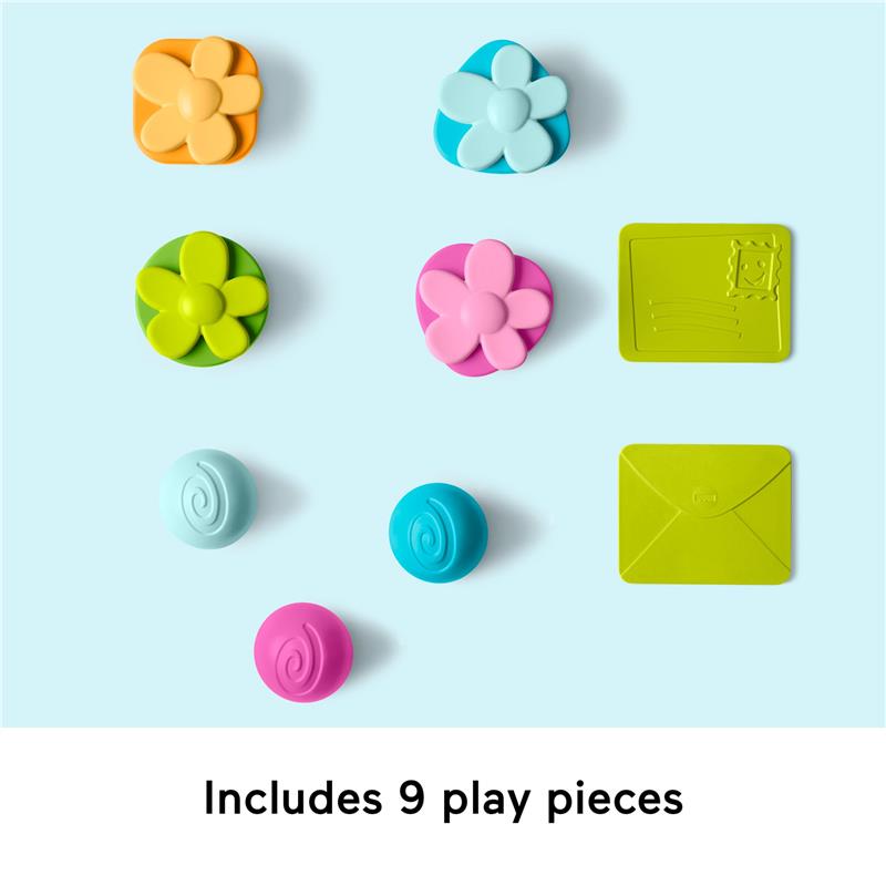 Colorful play pieces for the Fisher Price Laugh & Learn Ultimate Playhouse, including flowers, shapes, and a postcard.