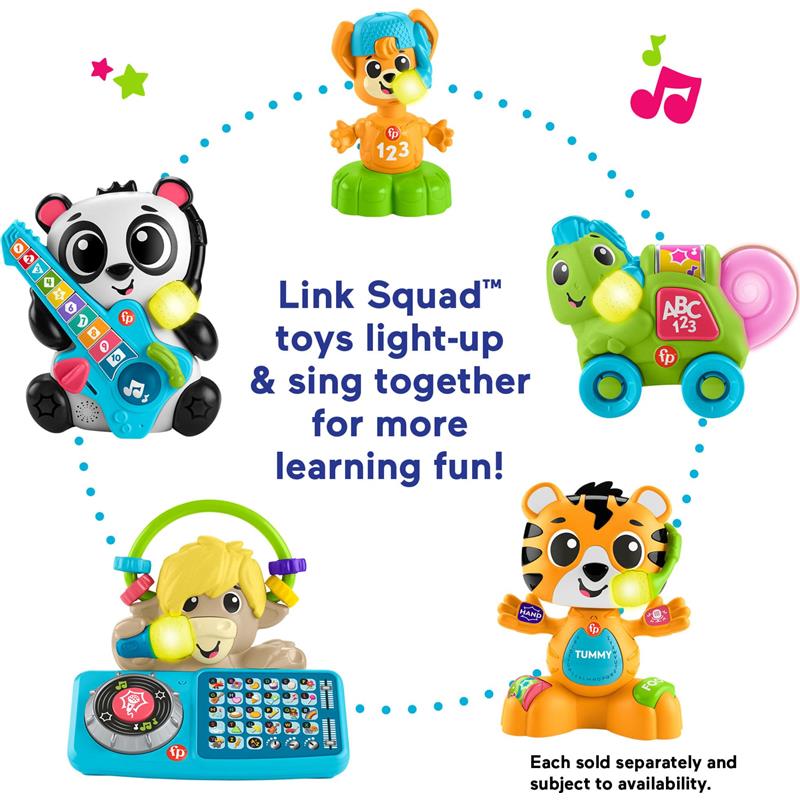 Colorful Fisher Price Link Squad Bop & Groove Tiger with music and lights, featuring a panda, snail, and interactive toys.