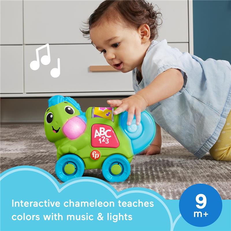 Interactive chameleon toy for babies, teaching colors with music and lights, shown with a child playing.
