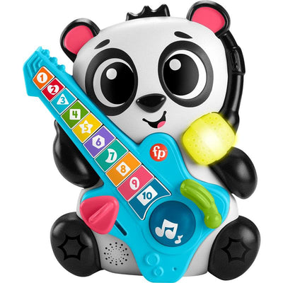 Colorful panda toy holding a blue guitar with musical buttons, lights, and a microphone for interactive play.
