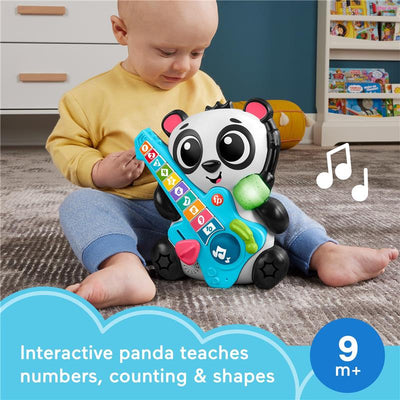 Interactive panda toy promotes learning numbers, counting, and shapes, featuring colorful buttons and musical elements.