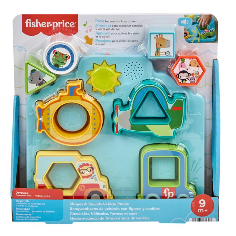 Sorting puzzle featuring colorful vehicle shapes with buttons for sounds and lights, designed for babies 9 months and older.