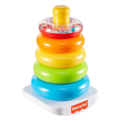 Colorful stacking toy with five ring-shaped pieces in red, orange, yellow, green, and blue, designed for toddlers.