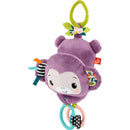 Plush purple monkey toy with multiple colorful textures, rings, and a clip for attaching to strollers or carriers.