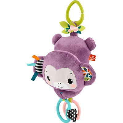 Plush purple monkey toy with multiple colorful textures, rings, and a clip for attaching to strollers or carriers.