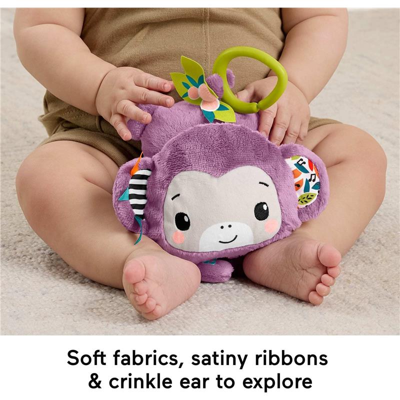 Purple plush monkey toy with satiny ribbons and crinkle ear, designed for sensory play in infants.