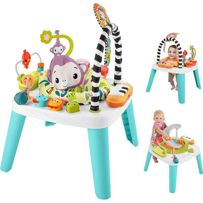Fisher-Price Baby to Toddler 2-in-1 Purple Monkey Activity Center with colorful toys, piano, and two children interacting.