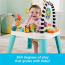 Fisher-Price 2-in-1 Purple Monkey Activity Center features a smiling baby engaging with colorful toys and a piano, promoting play.