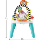 Purple monkey activity center with interactive features, toys, and a padded seat for babies transitioning to toddlers.