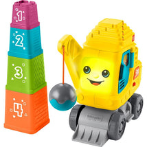 Fisher Price Count & Stack Crane toy with colorful stacking blocks and a playful, smiling face on the crane.