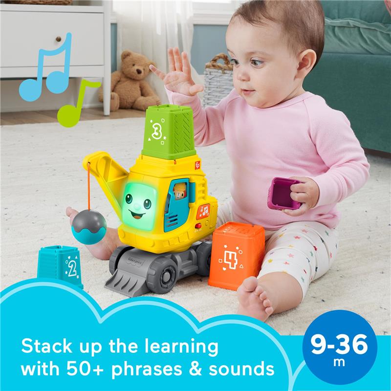 Fisher Price Count & Stack Crane toy with colorful blocks and a baby playing, promoting learning through stacking and sounds.