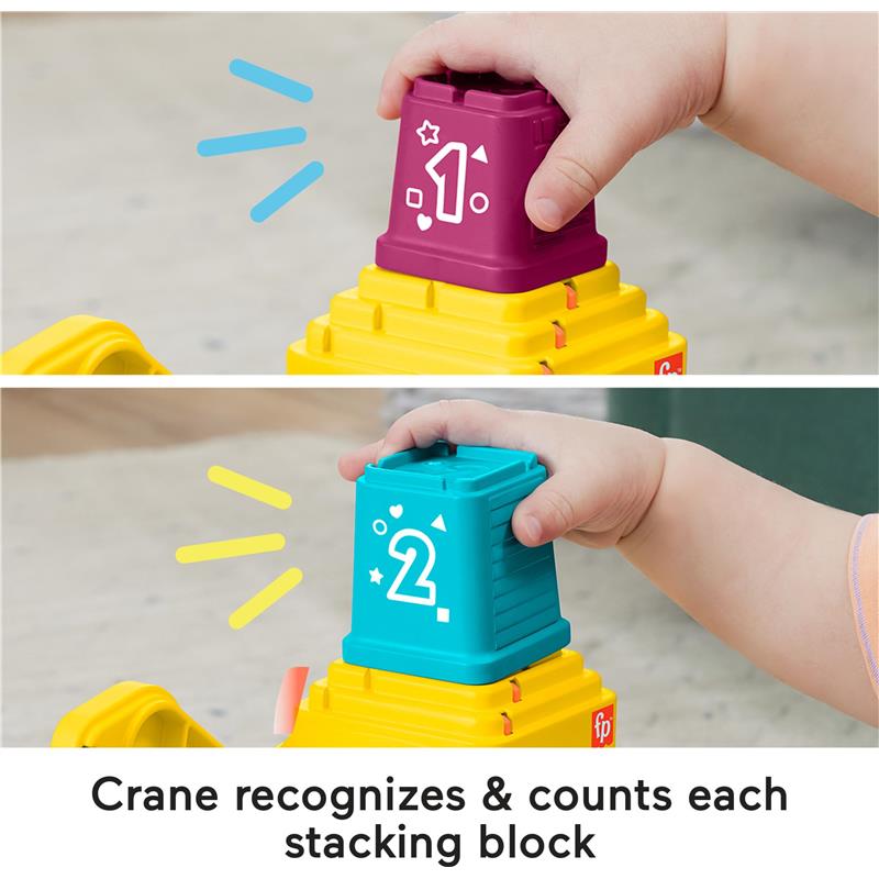 Crane stacks and counts colorful blocks labeled “1” and “2,” enhancing toddler learning and motor skills.