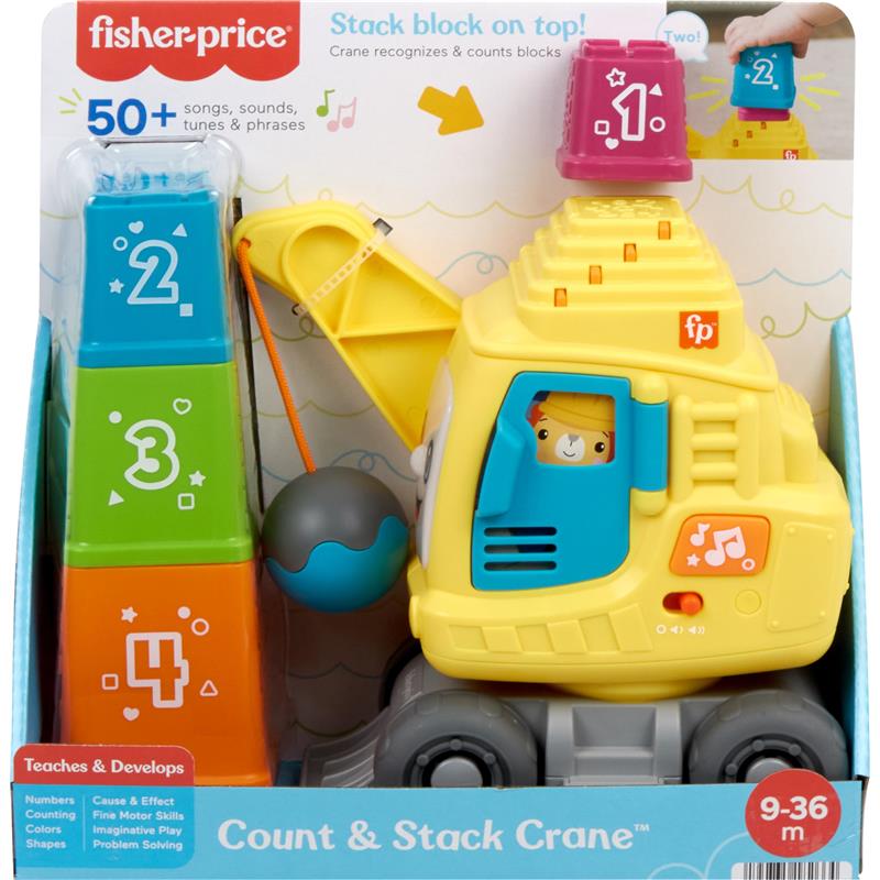 Fisher Price Count & Stack Crane toy in packaging, featuring a colorful crane, stacking blocks, and educational phrases for toddlers.
