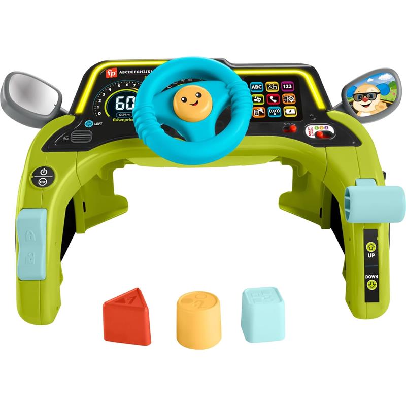 Fisher Price baby and toddler learning toy with steering wheel, dashboard controls, and three shape sorting blocks.