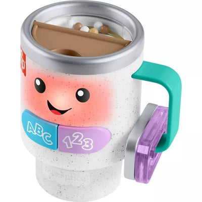 Musical activity coffee mug toy by Fisher Price, featuring a smiling face, buttons for letters and numbers, and colorful beads.