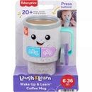 Musical activity coffee mug toy with smiling face, buttons for sounds, songs, and phrases; designed for babies and toddlers.