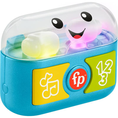 Fisher Price Laugh & Learn Play Along Ear Buds, featuring a smiling character, colorful buttons, and lights for interactive play.