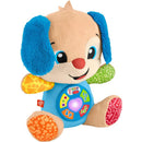 Plush puppy toy with colorful ears, learning buttons, light-up heart, and musical features for babies.