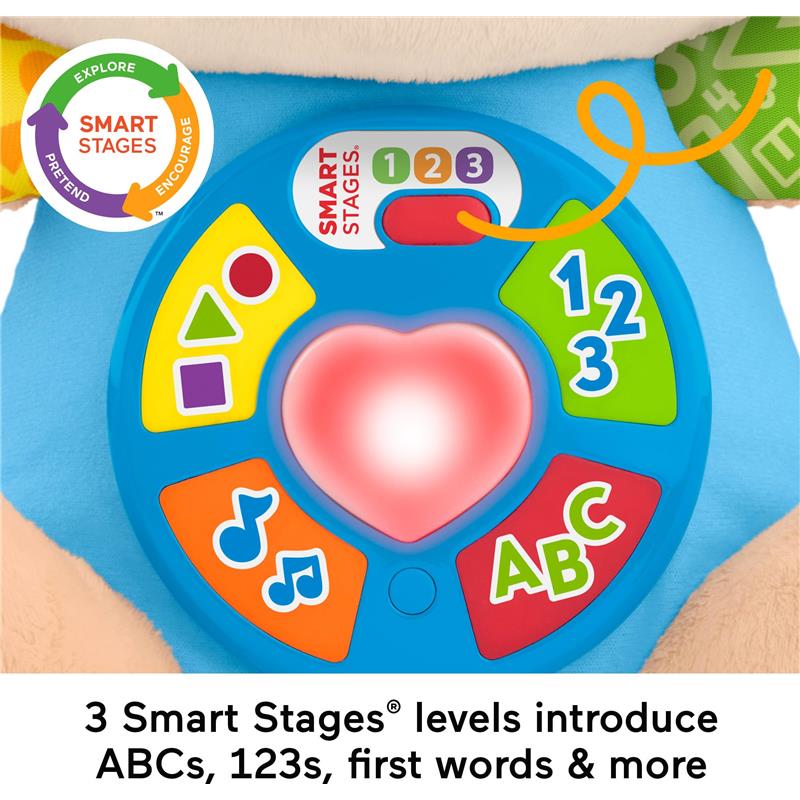 Musical plush puppy toy with a colorful interactive panel featuring shapes, numbers, and learning songs for infants.