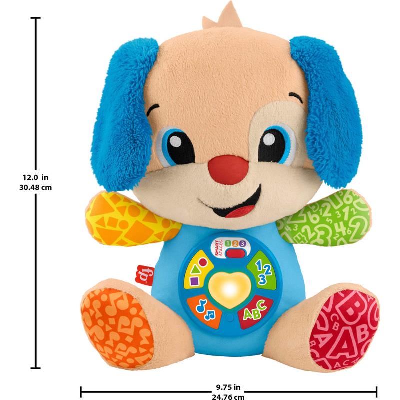 Musical plush puppy toy with colorful ears, learning buttons, and a light-up heart, designed for baby interaction.