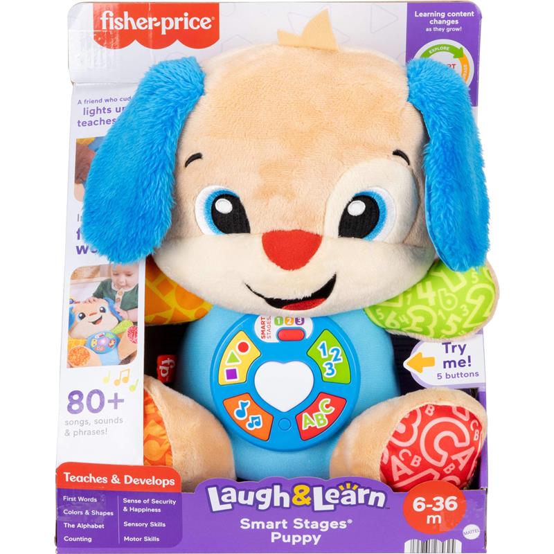 Musical plush puppy toy with colorful features, buttons for songs and educational phrases, and suitable for ages 6-36 months.