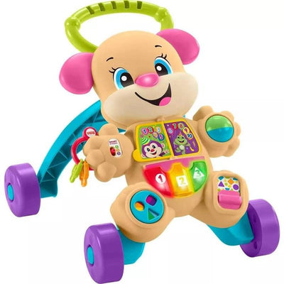 Fisher Price Laugh & Learn Smart Stages Sis Walker features a smiling dog on a wheeled frame with interactive buttons and educational lights.
