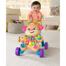 Toddler pushing the Fisher Price Laugh & Learn Smart Stages Sis Walker, featuring colorful buttons and educational lights.