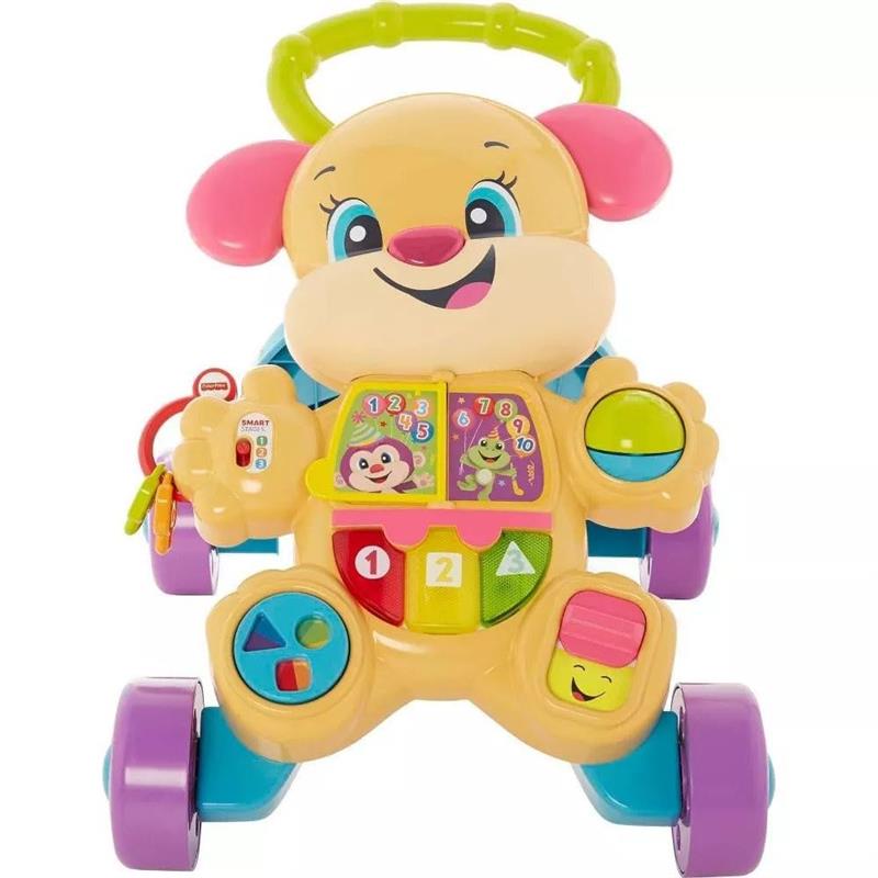 Fisher Price Laugh & Learn Smart Stages Sis Walker with colorful buttons, musical elements, and a cheerful dog design.