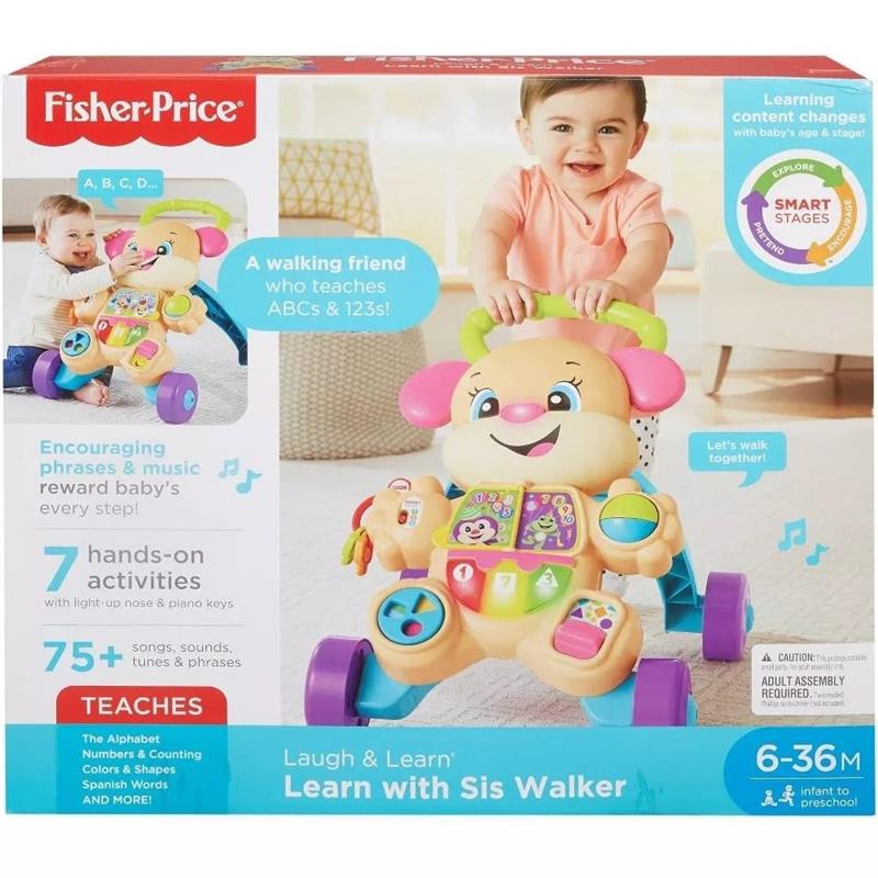 Fisher Price Laugh & Learn Sis Walker, a colorful educational toy for infants, teaching ABCs and 123s with music and activities.