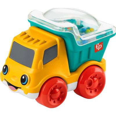 Bright yellow Fisher Price baby toy dump truck with a transparent container filled with colorful balls and smiling face.