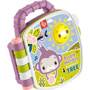 Musical storybook toy featuring a purple monkey with a smiling sun, buttons, and colorful illustrations for babies.