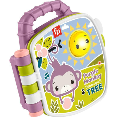 Musical storybook toy featuring a purple monkey with a smiling sun, buttons, and colorful illustrations for babies.